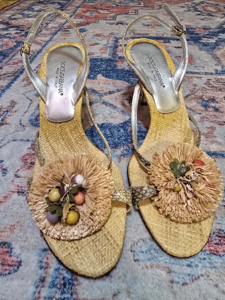 Dolce Gabbana Beige Jute Fringe Sandals Size 375