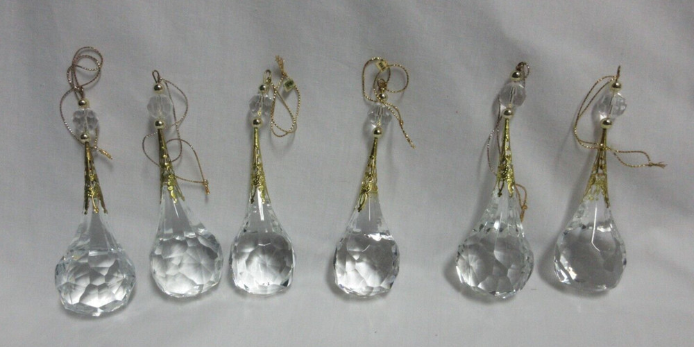 6 Clear Acrylic Tear Drop Prisms Ornaments Gold Accent Christmas Tree-image