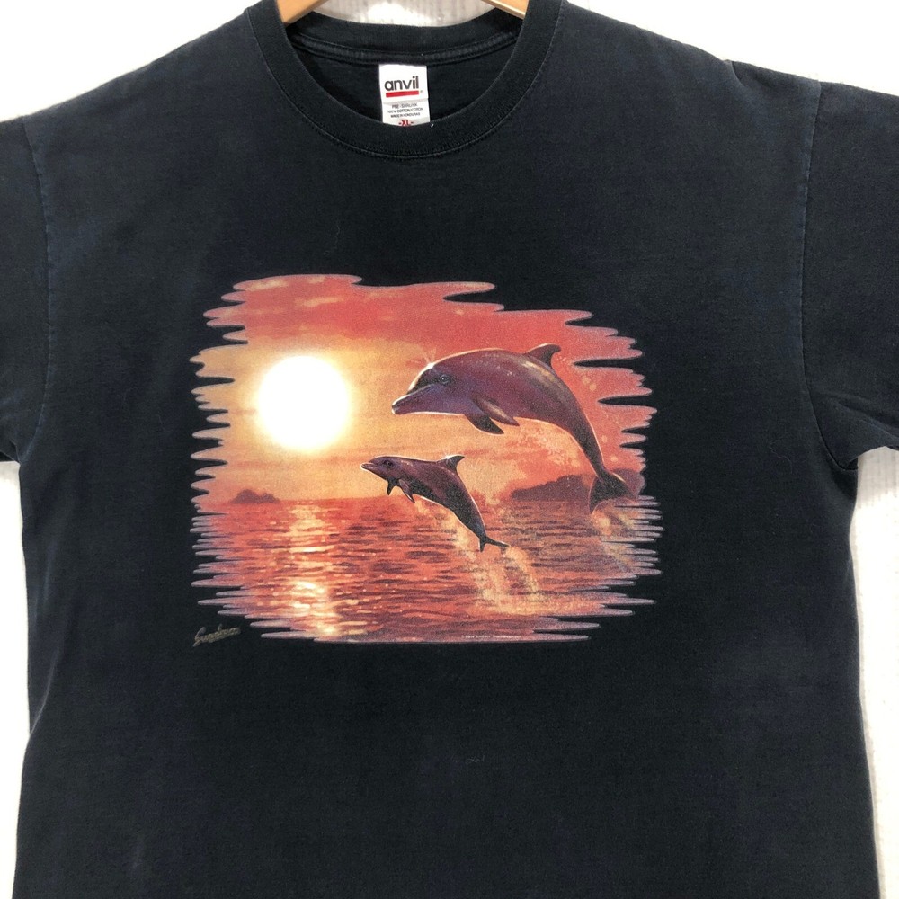 Dolphin Graphic T-Shirt Sunset Ocean Print Short Sleeve Anvil Men's Size XL