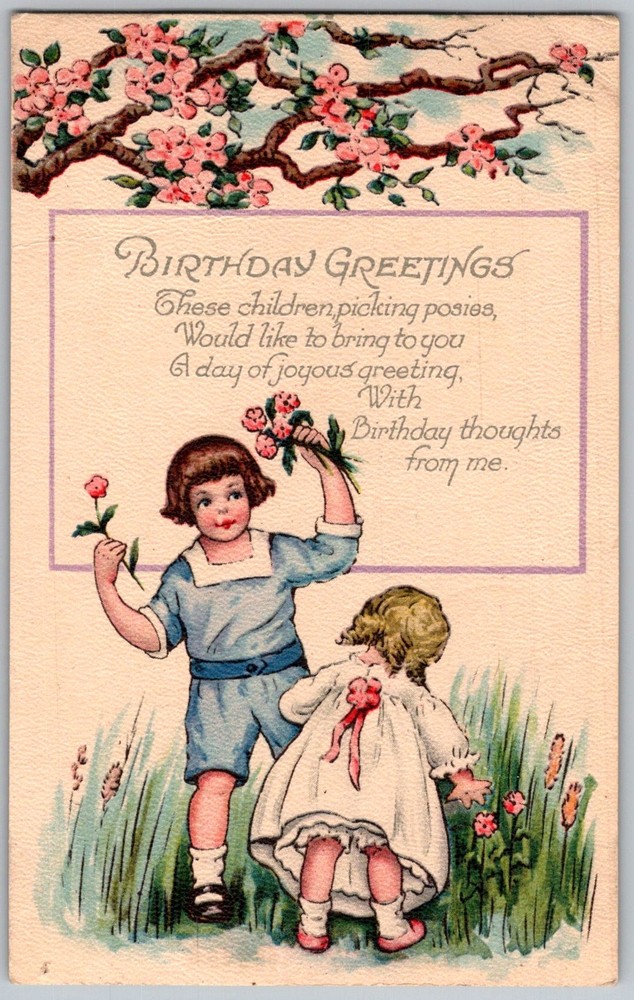 Antique Postcard Children Picking Posies Flowers 1910s