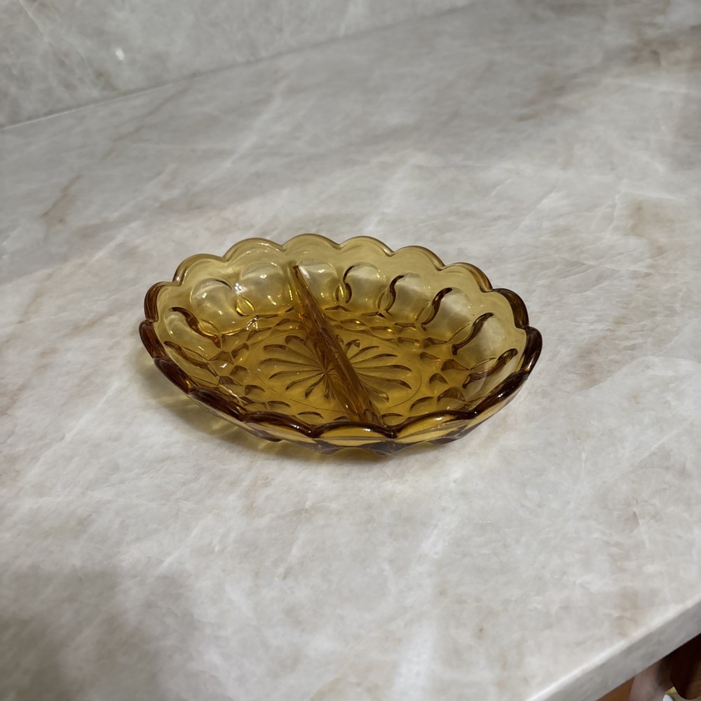 Vintage Anchor Hocking Amber Glass Fairfield Divided Relish Dish Oval 7”