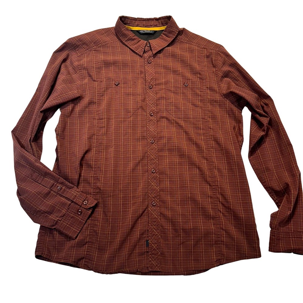 Arcteryx Button Down Shirt Mens Large Brown Grid Plaid Outdoor Gorpcore Hiking
