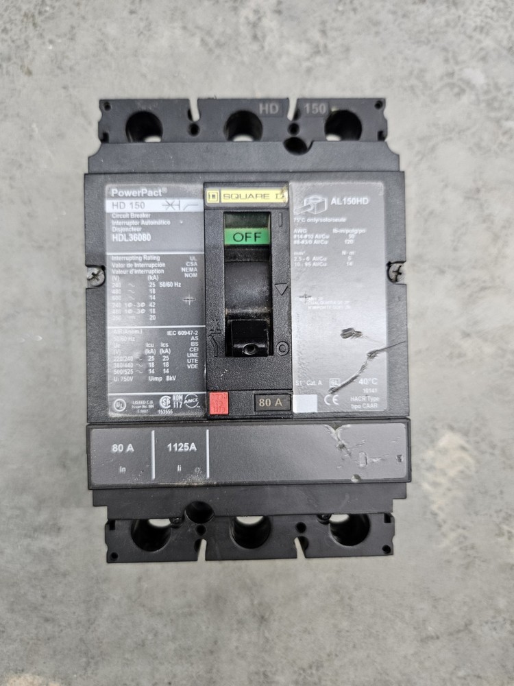 Square D PowerPact 80 Amp Circuit Breaker 3 Pole 600 VAC / 250 VDC 18kA HDL36080