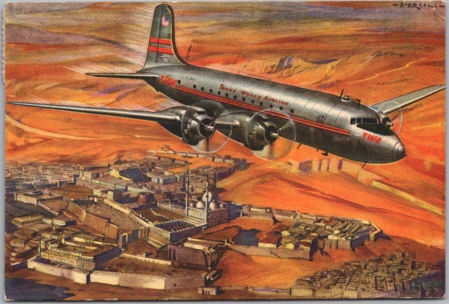 1950 TWA Airlines Advertising 4x6 Postcard CAIRO Egypt - Artist's Plane View