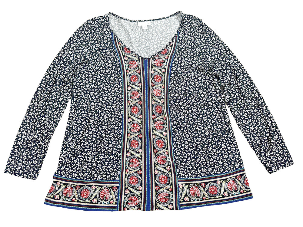 J. Jill Boho Peasant Blouse XS Blue Floral Paisley Medallion Artsy Tunic Top