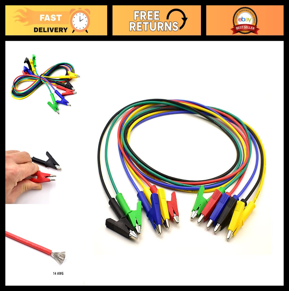 5Pcs Heavy Duty 14 Gauge Alligator Clip Jumper Wires, Silicone Test Leads, 5 Col