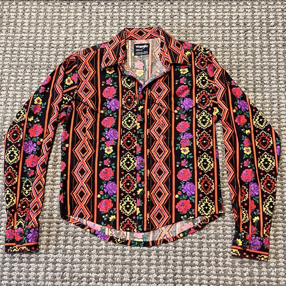 Vtg Wrangler Shirt Women's 15 1/2-35 Colorful Floral Aztec Western Cowboy Cut