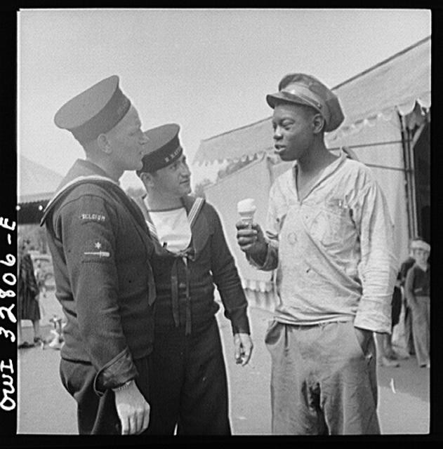 Oswego New York 1910s Belgian and Greek Sailors Talking with Black Worker
