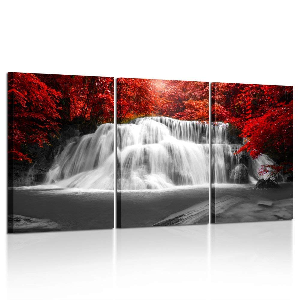 Black White Red Woods Waterfall Canvas Wall Art Set of 3
