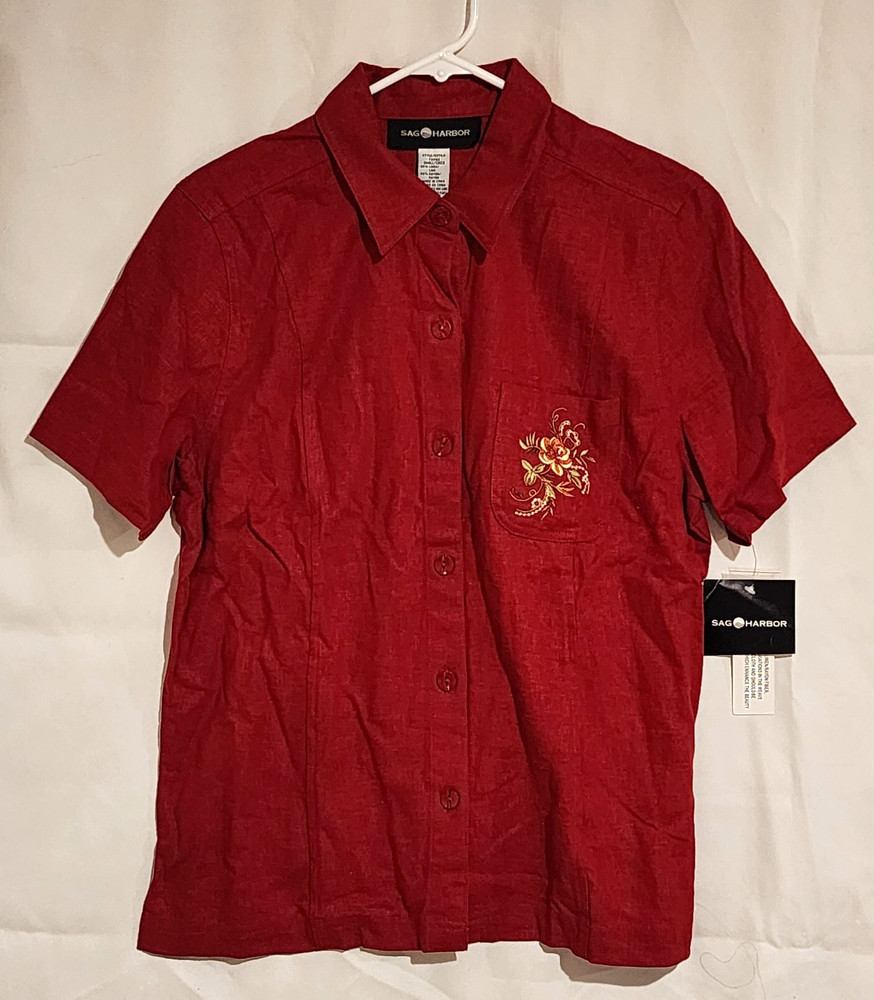 Women's Red  Short Sleeve Button Up Blouse, Size Small New W/ Tags Vintage