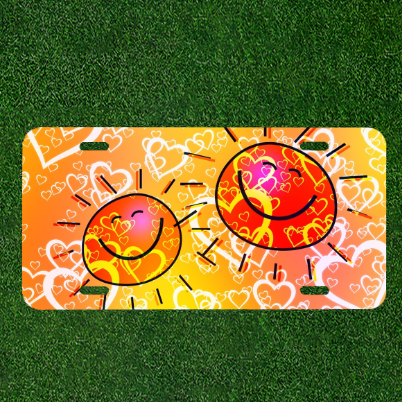 Custom Personalized Auto Tag With Happy Kids Smiley Face Suns With Hearts Design