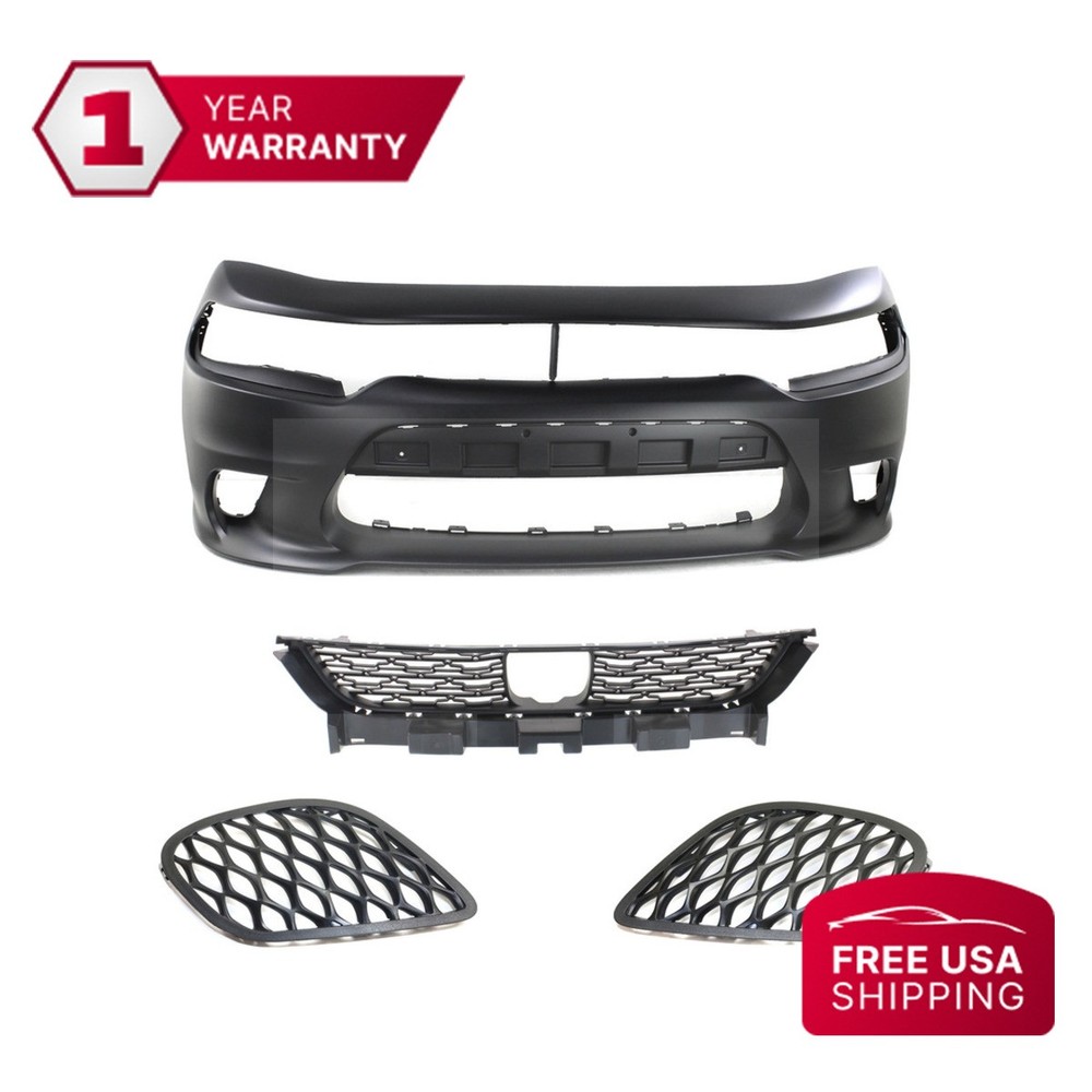 Front Bumper + Grille + Fog Light Covers For 2015-2022 Dodge Charger