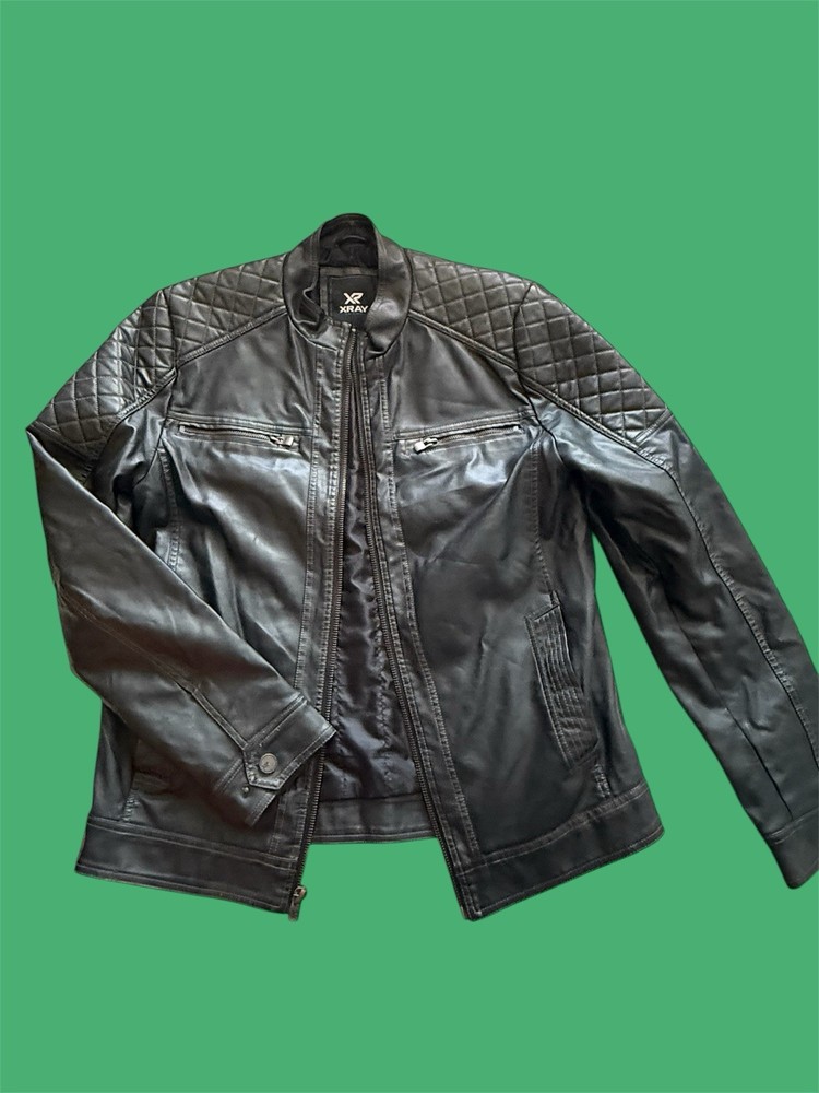 Men's Xray Jeans Faux-leather Moto Jacket with Quilted Shoulder Details Size M