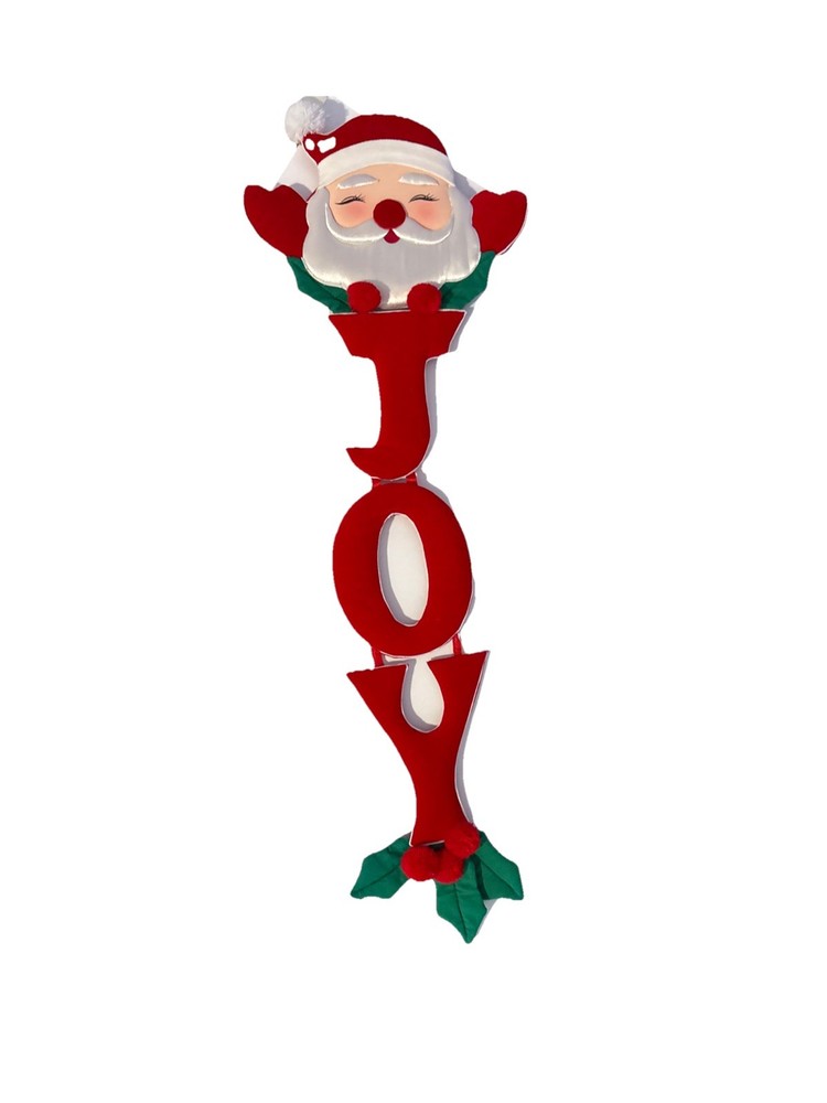 Vintage Christmas Santa Joy Hanging Wall Sign Finished Felt Pom Holly Retro 28”L