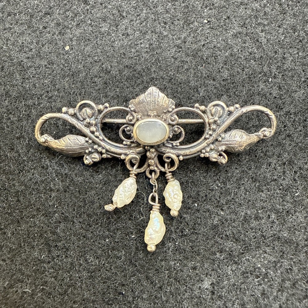 VICTORIAN REVIVAL Ornate STERLING Silver BROOCH Moonstone & Real Pearls 1.75