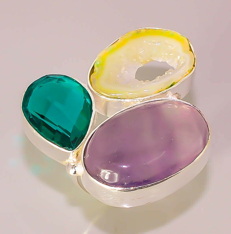 Natural Onyx  Druzy Amethyst Apatite Quartz  925 STERLING SILVER PLATED RING 7.5