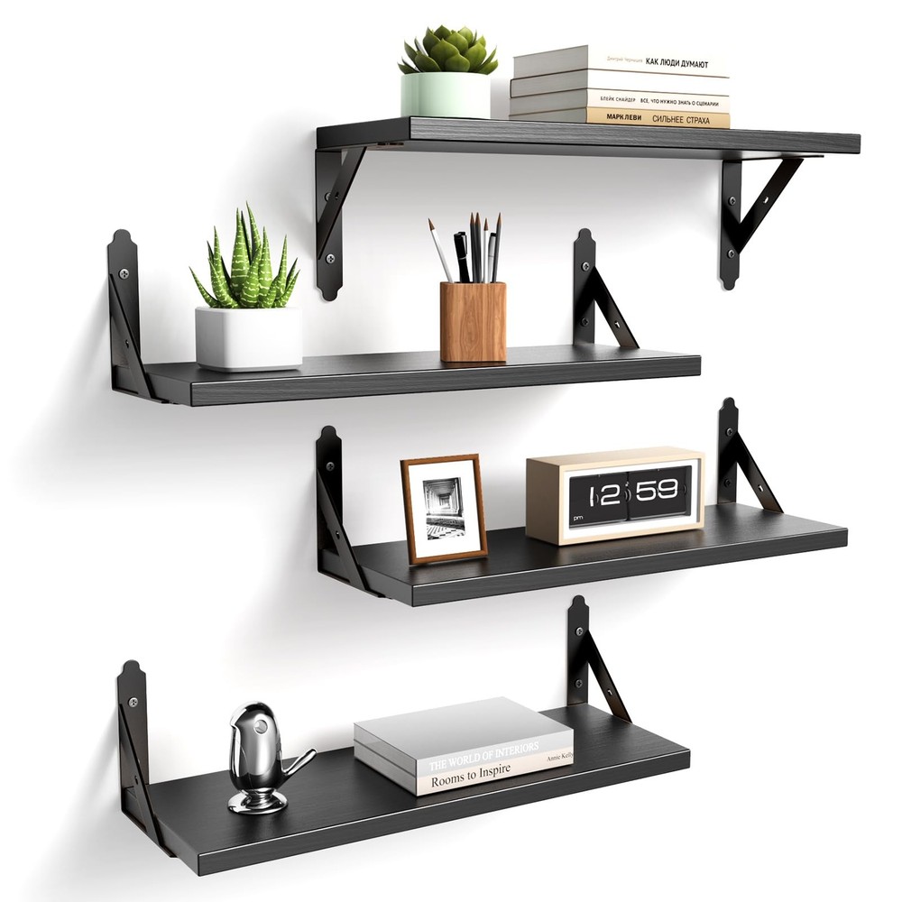 Wood Floating Shelves Set of 4, Rustic Storage Decor Wall Shelves, Wall Mount...