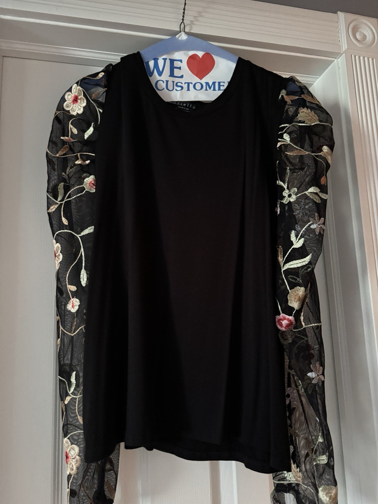 Ariella Black Mesh Floral Embroidered Balloon Sleeve Blouse Women's Size L