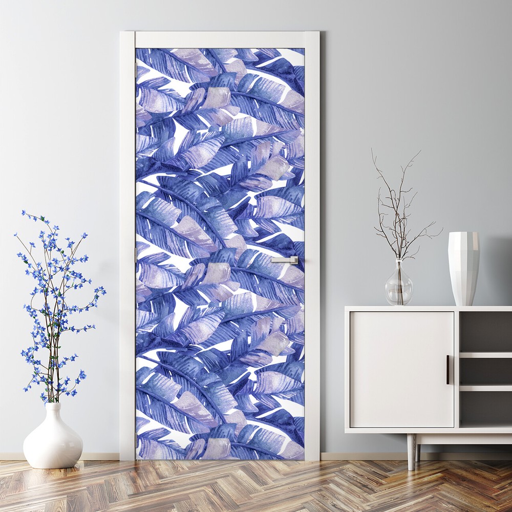 Blue banana leaves Decal tropical decor Leaf Bubble Free Door sticker Floral