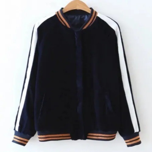 Women’s Velvet Bomber Jacket Floral Embroidered Back Striped Casual Coat