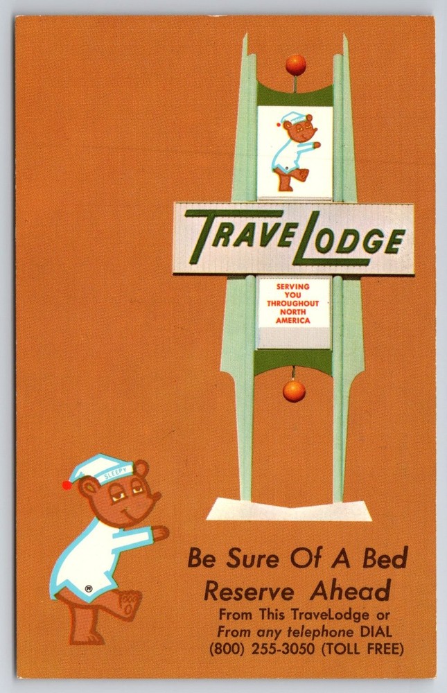 TraveLodge Postcard Mojave Sierra California Sleepy Bear Googie Sign