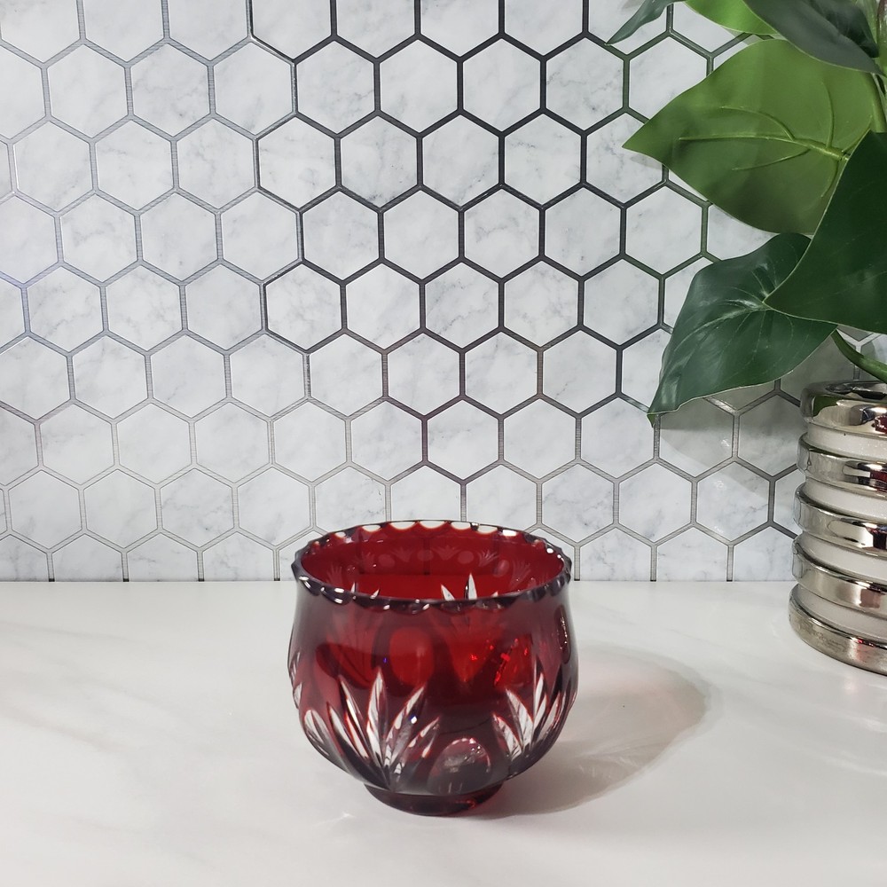 Bohemian Crystal Ruby Red Cut To Clear Votive Tealight Candle Holder