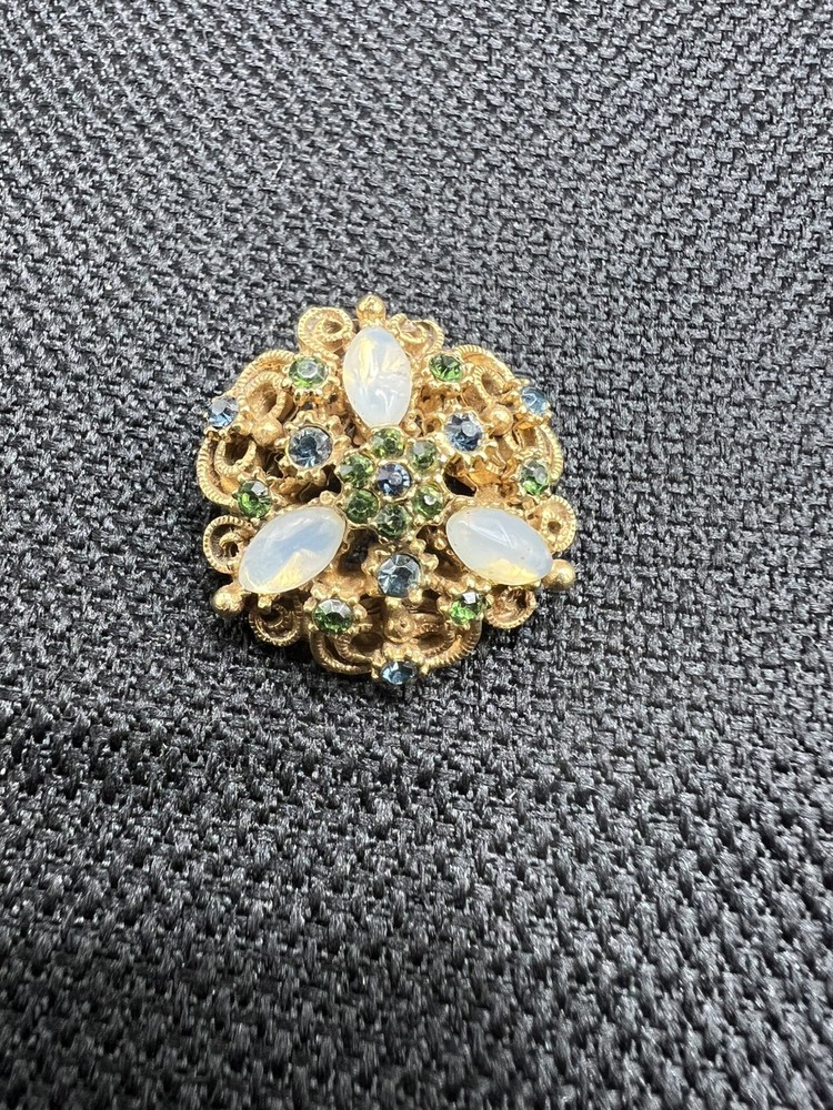 Vintage Florenza Gold Tone Faux Rhinestones & Opal  Cabochon Brooch Pin