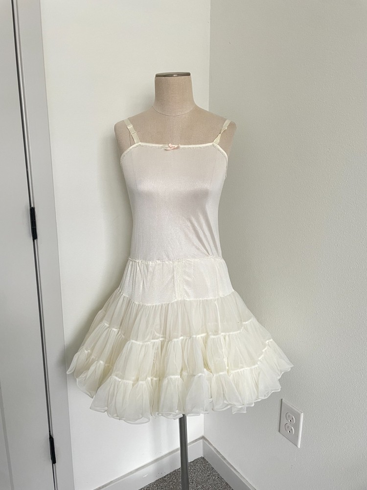 Vintage Tulle Slip Dress Women XS Cream Bow Coquette Mini Can Can Lolita Wedding