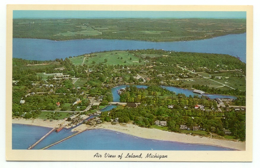 Leland MI Aerial View Vintage Postcard Michigan