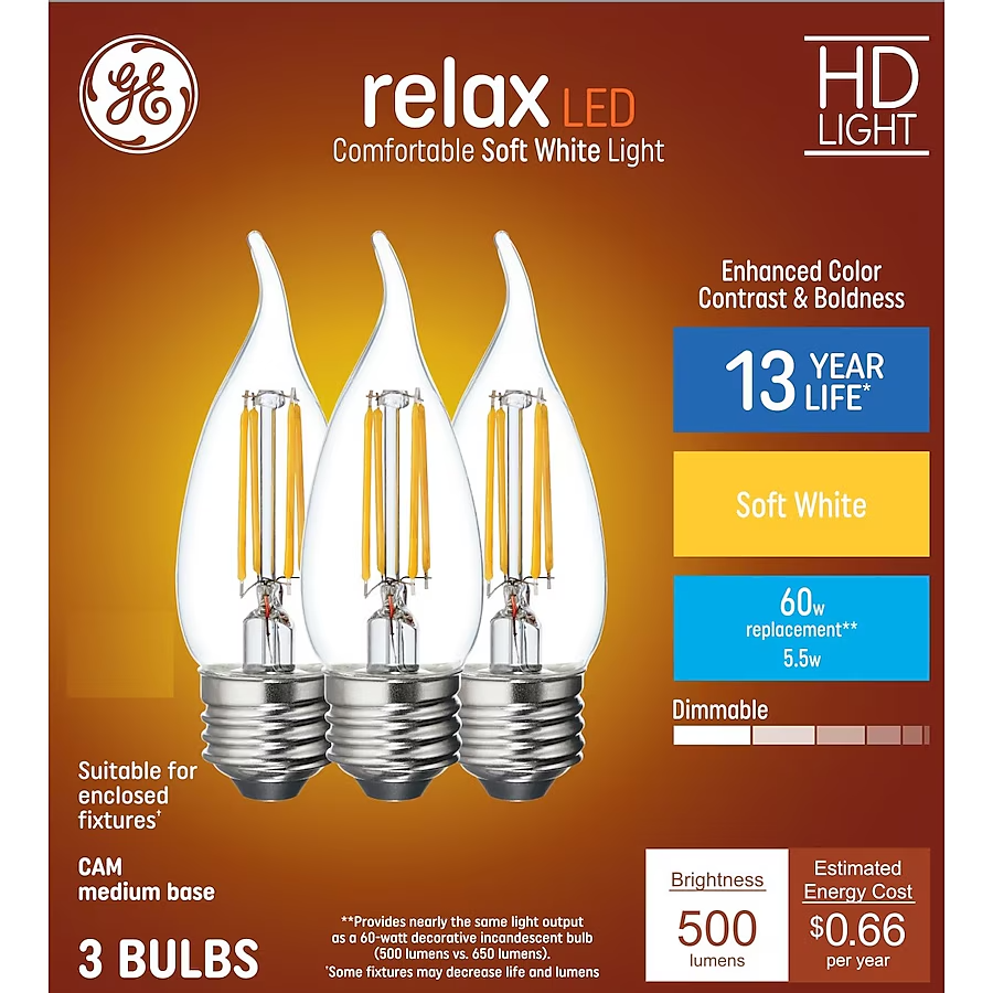 GE 60W Soft White Dimmable LED Bulbs 3-Pack E26 Medium Base