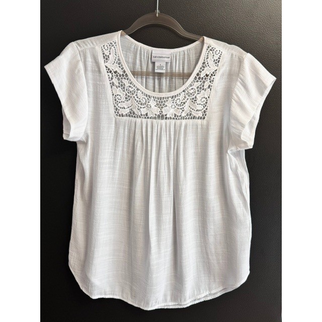 Liz Claiborne White Lace Crochet Yoke Short Sleeve Slub Blouse Top Small summer