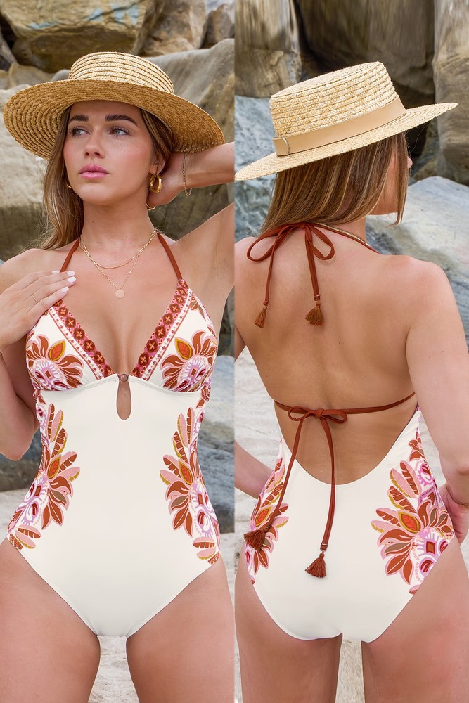 CUPSHE Ornate Floral V-Neck Keyhole One Piece Swimsuit - Medium *NWT*