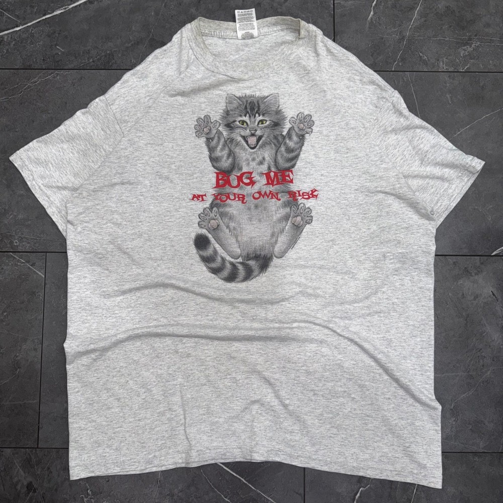Vintage Fruit of the Loom Cat Graphic T-Shirt XL Gray Bug Me At Your Own Risk