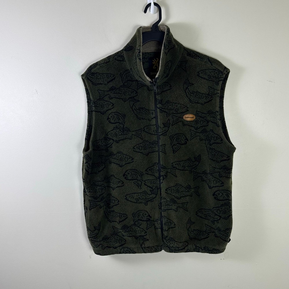 Men's L Fly Fishing Trout Print Fleece Vest with Pockets VTG Style