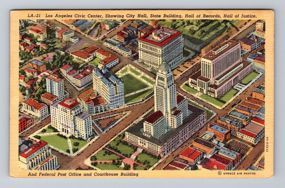 California CA Los Angeles Aerial City Hall State Building Vintage Postcard