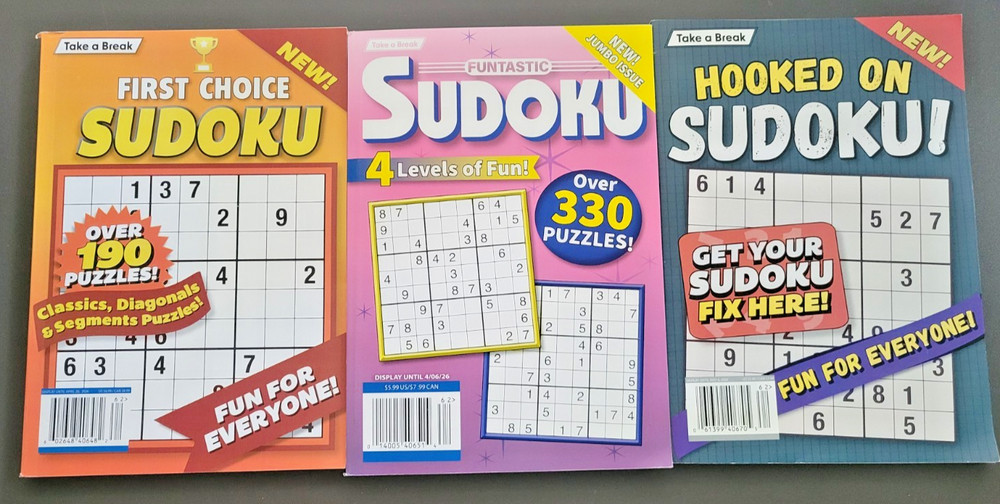 Lot of 3 SUDOKU Books by Take-A-Break -First Choice-Funtastic & Hooked on Sudoku