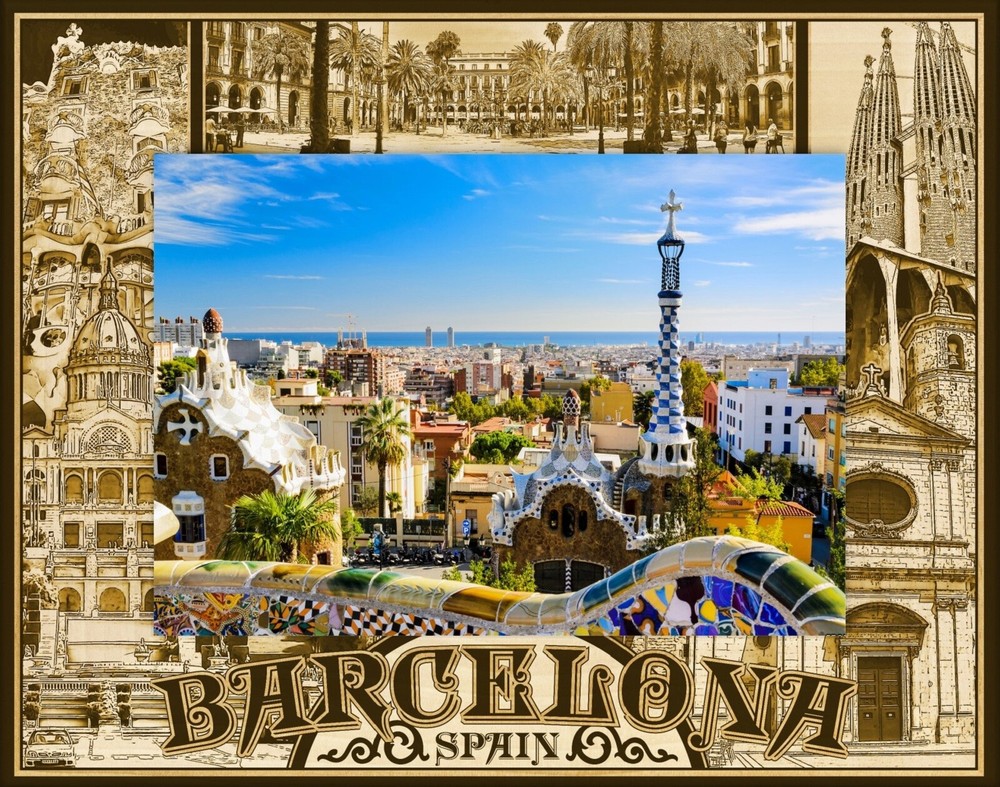 Barcelona Spain Laser Engraved Wood Picture Frame Landscape (4 x 6)