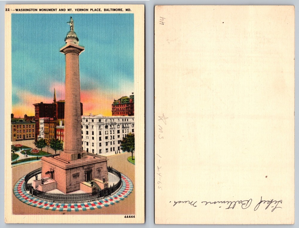 Washington Monument Mt Vernon Place Baltimore MD Postcard