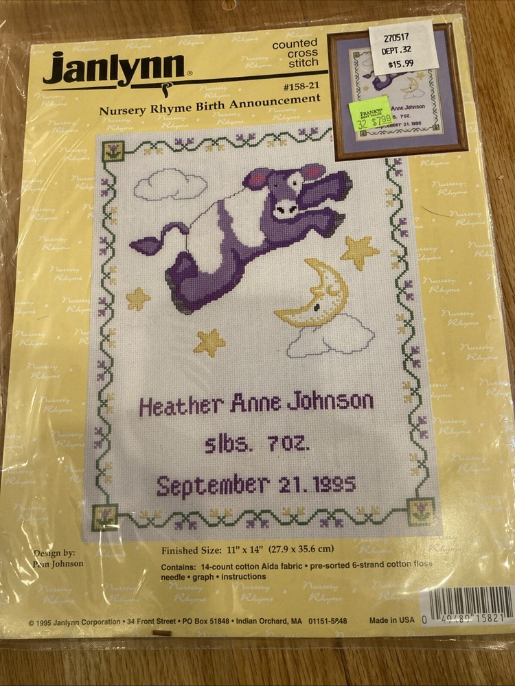 Janlynn Cross Stitch Kit Heaven Sent BIRTH ANNOUNCEMENT #054-0105 New Sealed