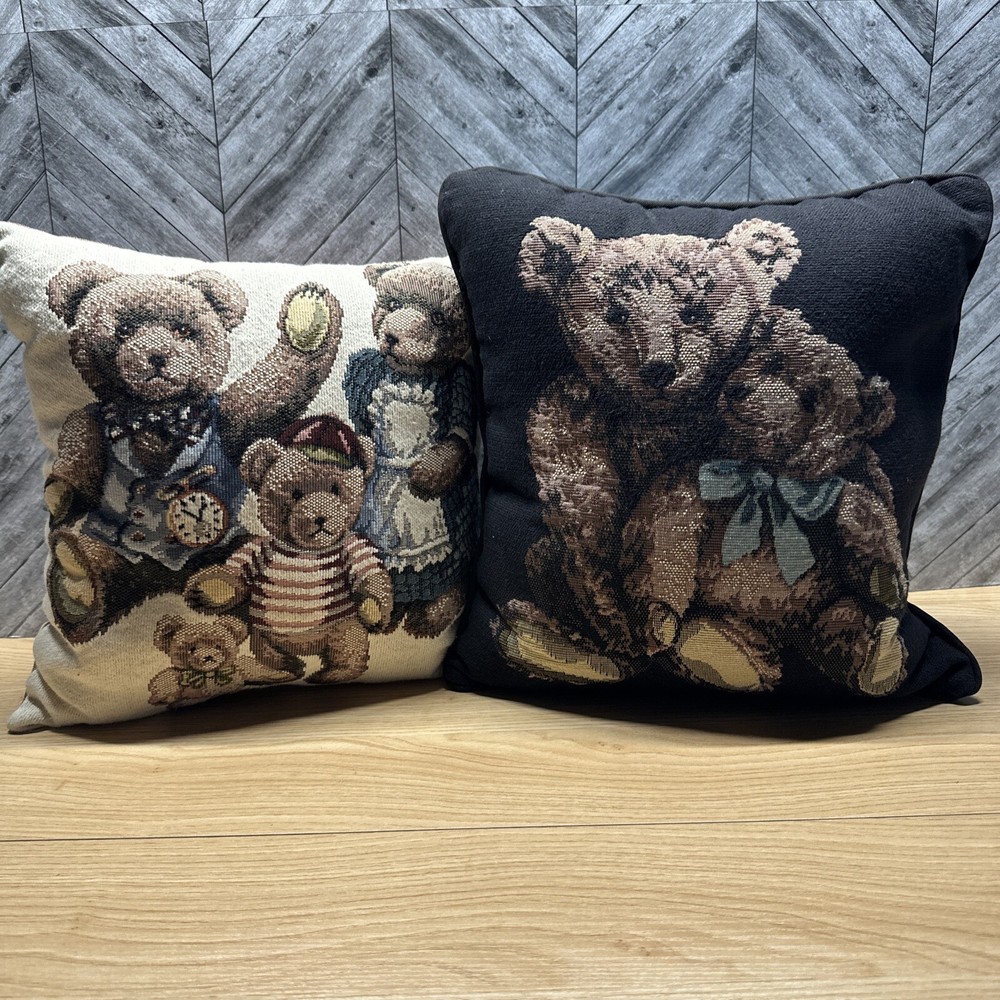 Vintage Dakotah Teddy Bear Pillow Lot of 2 Needle Point USA Great Condition