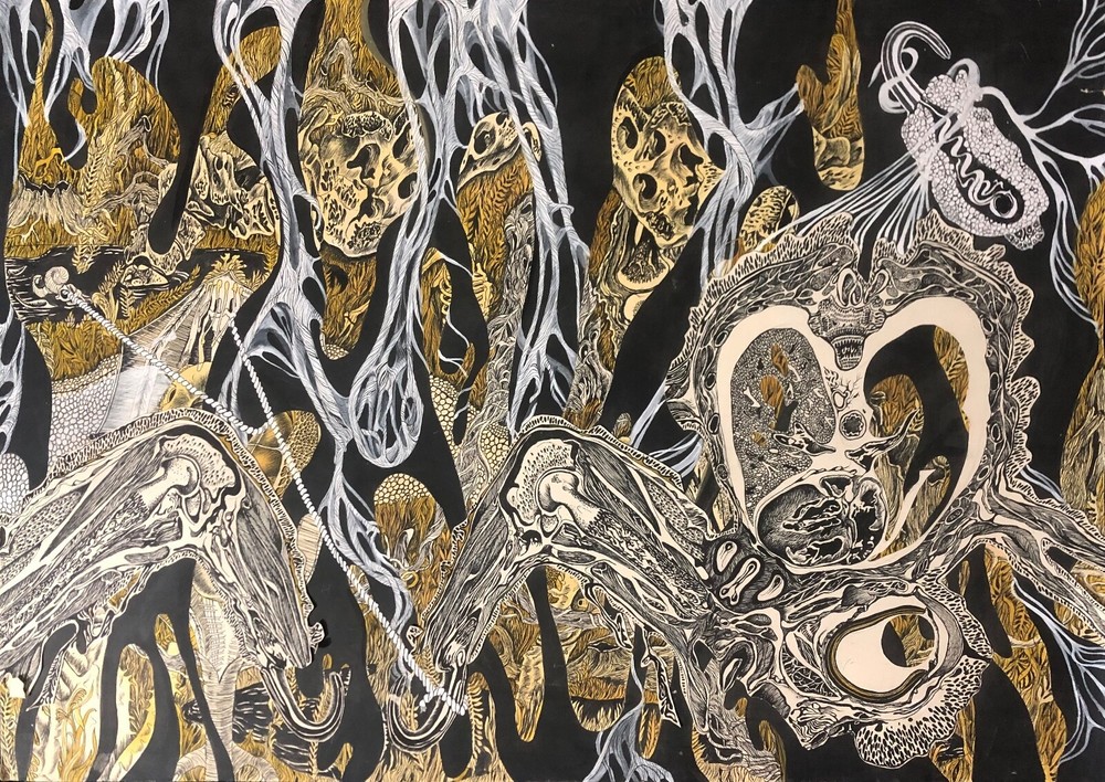 Abstract Acrylic and ink on paper  forest caves lakes yellow and black 22 x 32-image