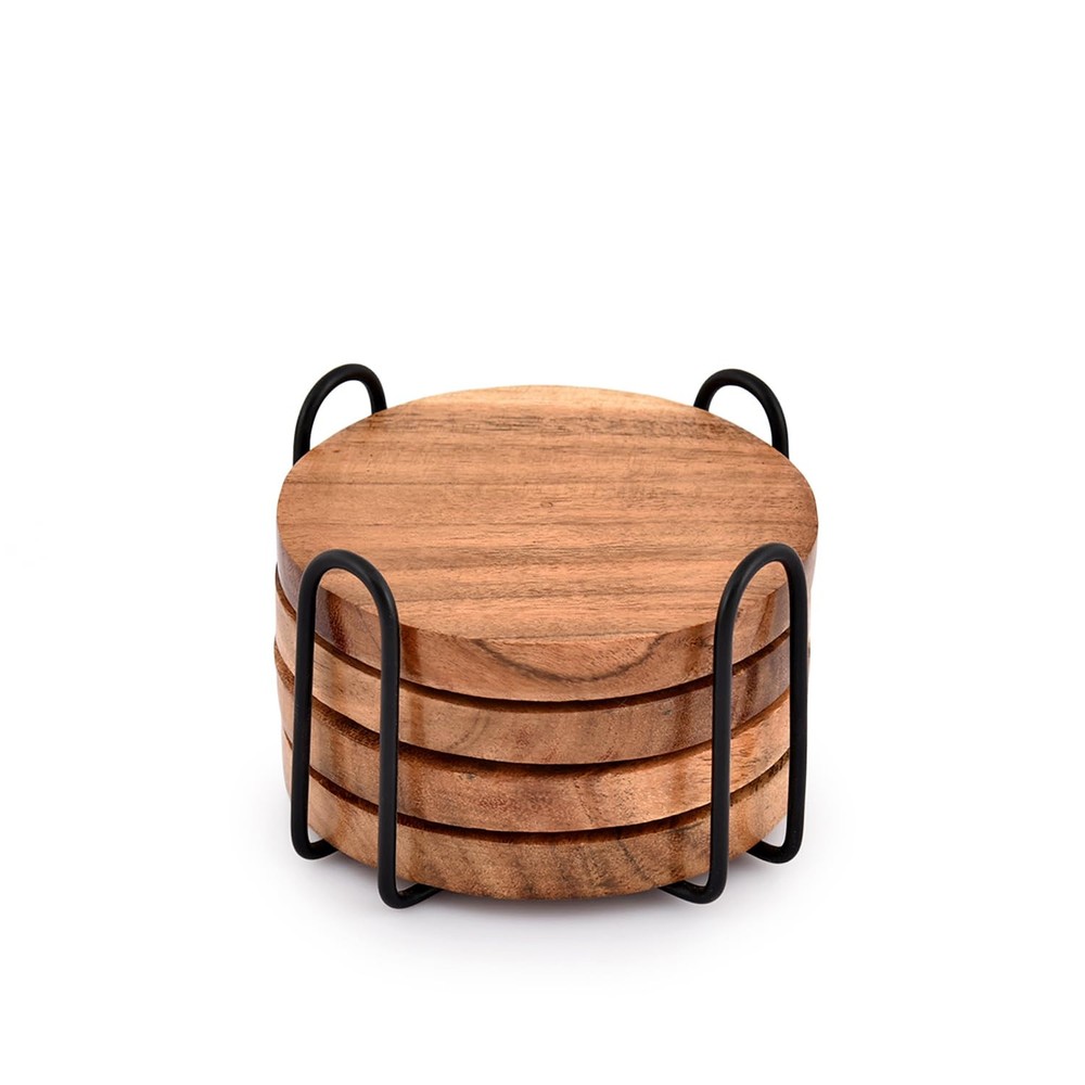 Acacia Wood Coasters for Drinks with Iron Holder Stand for Coffee Table, Tabl...-image