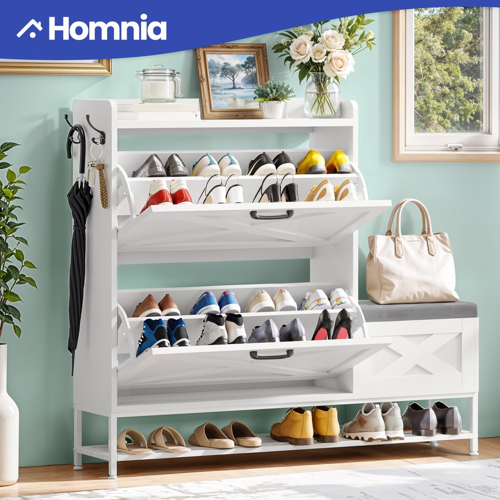 Farmhouse Shoe Cabinet 2 Flip Drawers 16 Pairs Entryway Storage Bench Side Hooks