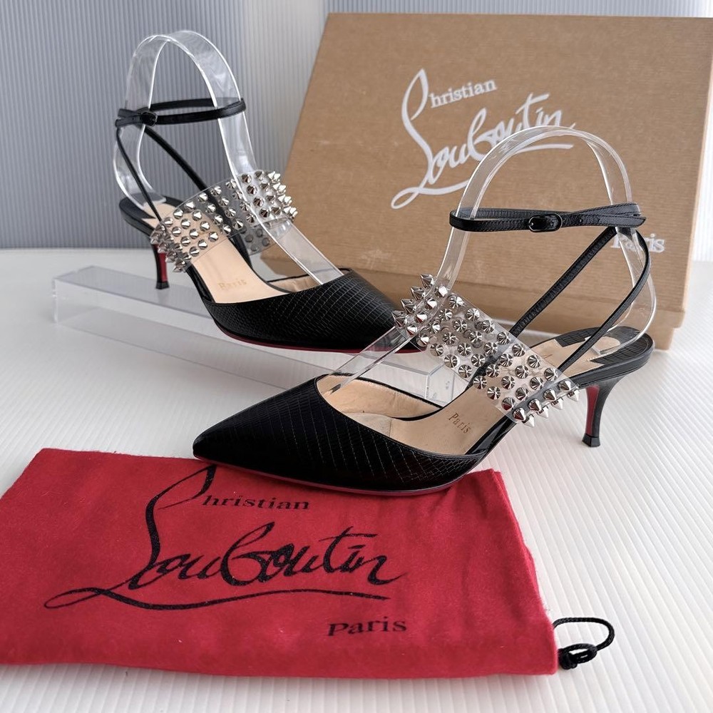 Christian Louboutin Studded Strap High Heels Pumps Black Leather 5.5cm Heel