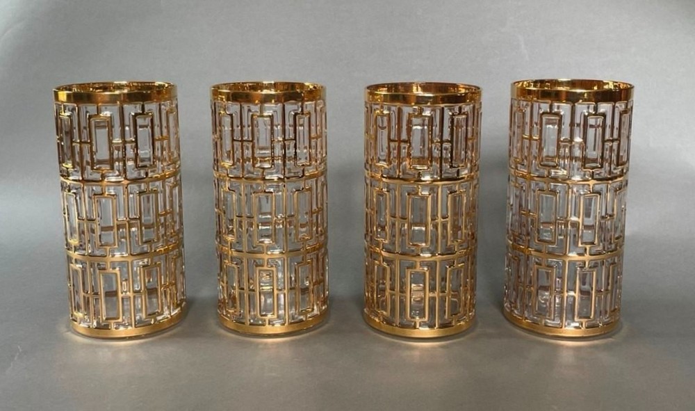 4 MCM Imperial Glass Shoji Trellis 22K Gold Highball Tumblers Bar Glasses