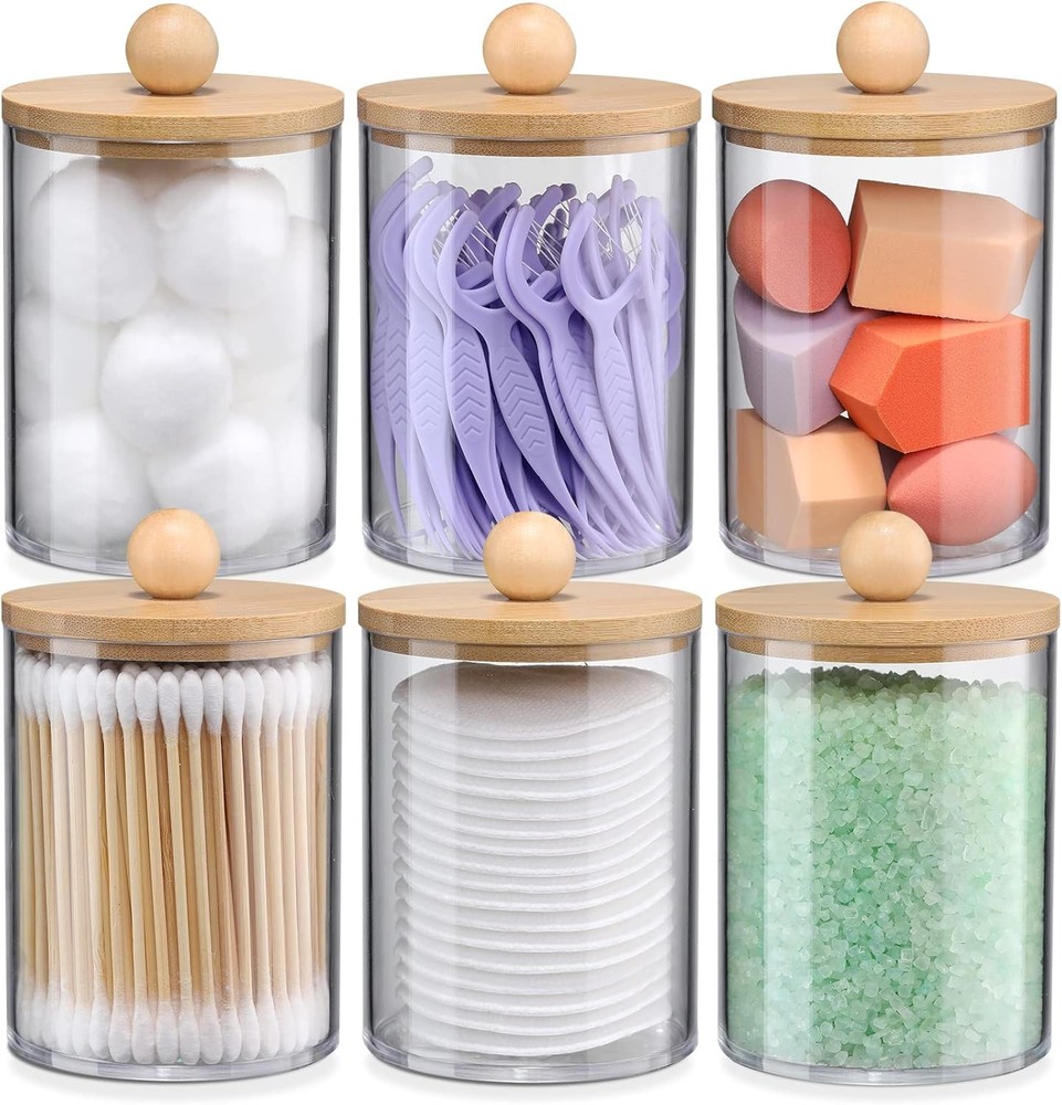 6-Pack Bamboo Qtip Holders - Bathroom Storage for Cotton Balls, Swabs, clear