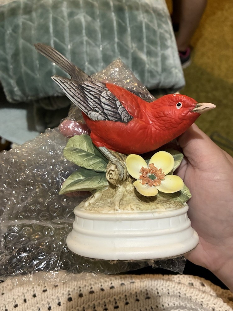 Hand Painted Glossy Ceramic Red Bird Figurine on White Base with Flower