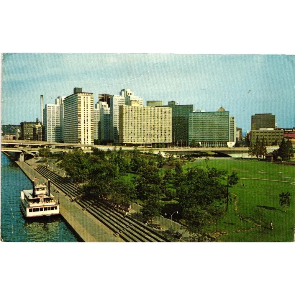 VTG 1970 Pittsburgh PA Skyline Postcard Gateway Center Allegheny River Clipper