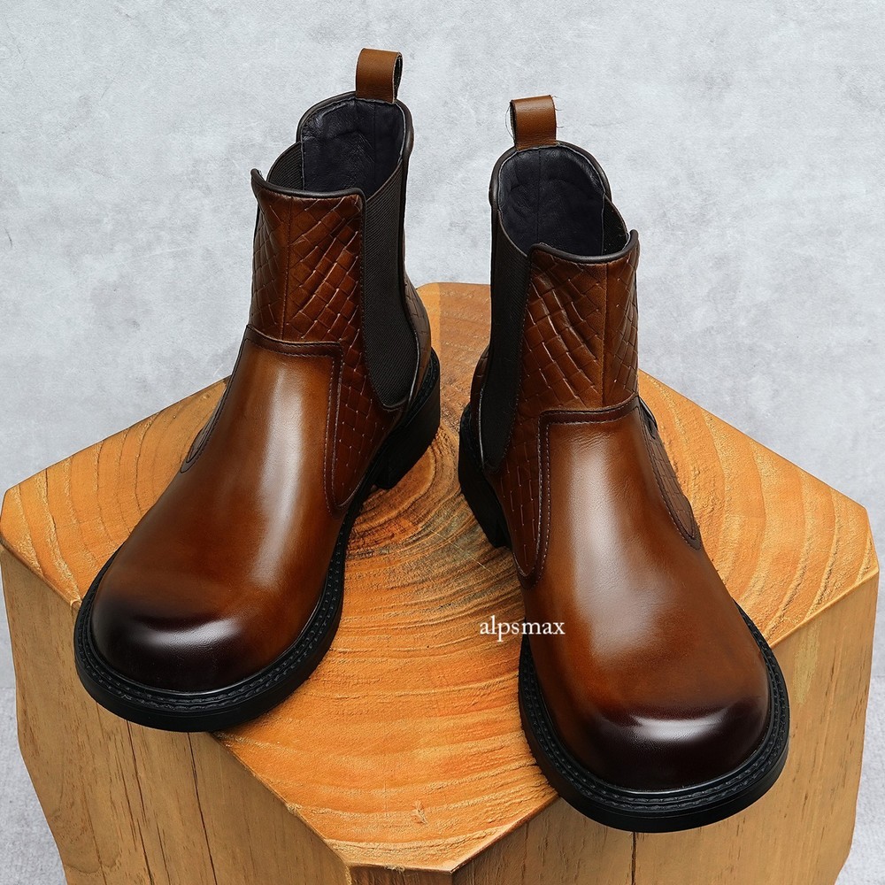 Mens Cowhide Business Chelsea Boots Round Toe Trendy Casual Leather High Boots