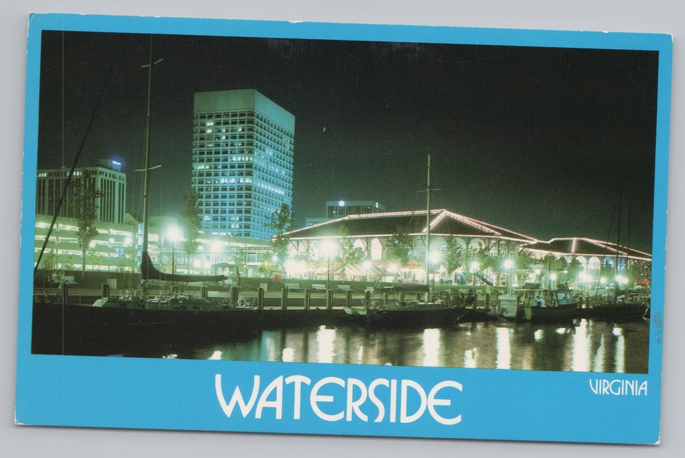 State View~Skyline of Waterside Virginia At Night~Vintage Postcard
